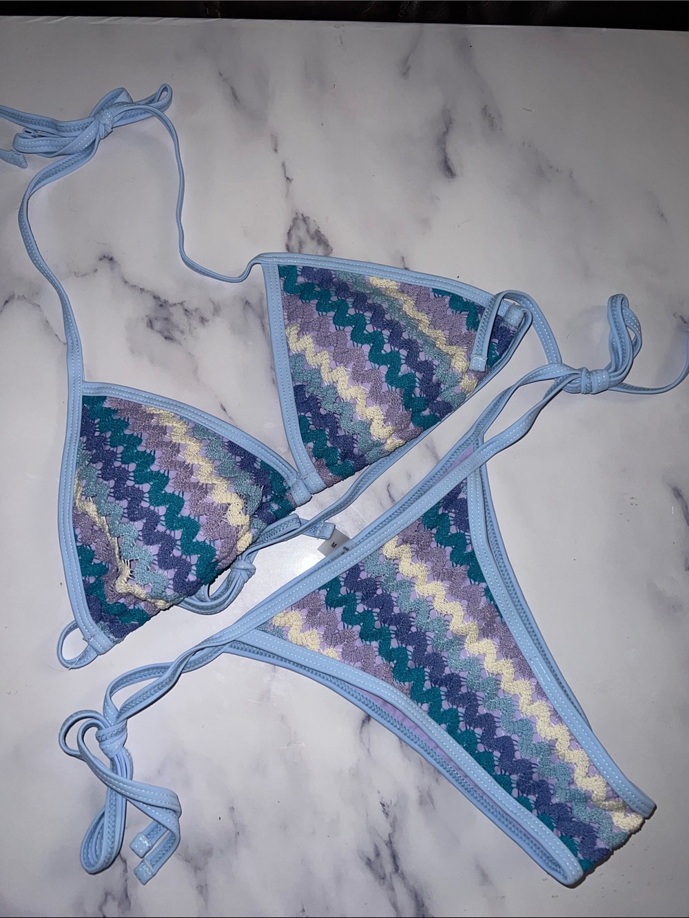 Light Blue Lilac Beige Chevron Crochet Tie Bikini Set Cheeky itsy Medium